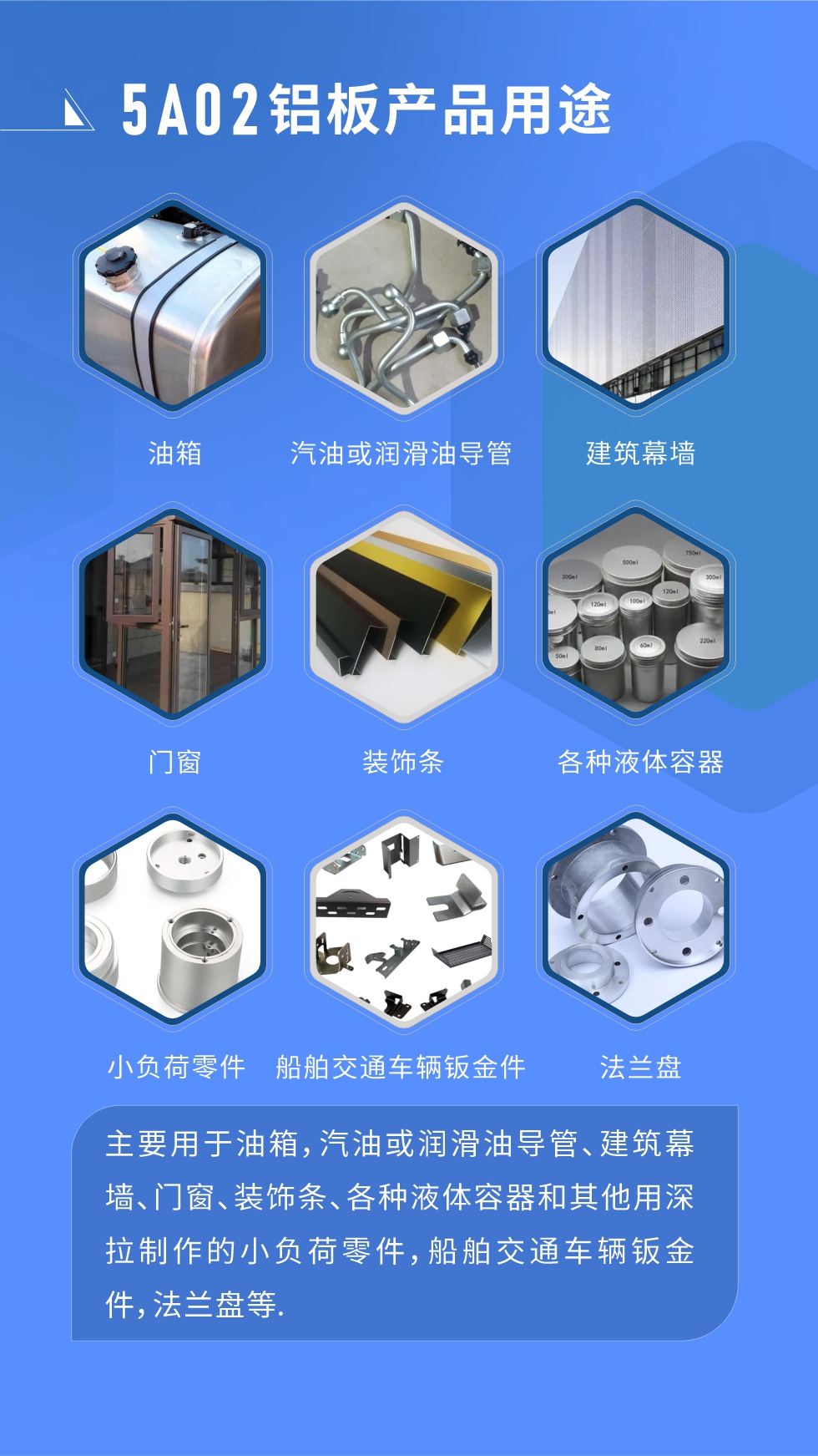 5A02鋁板產(chǎn)品用途:
主要用于油箱，汽油或潤滑油導(dǎo)管、建筑幕墻、門窗、裝飾條、各種液體容器和其他用深拉制作的小負(fù)荷零件，船舶交通車輛鈑金件，法蘭盤等.
