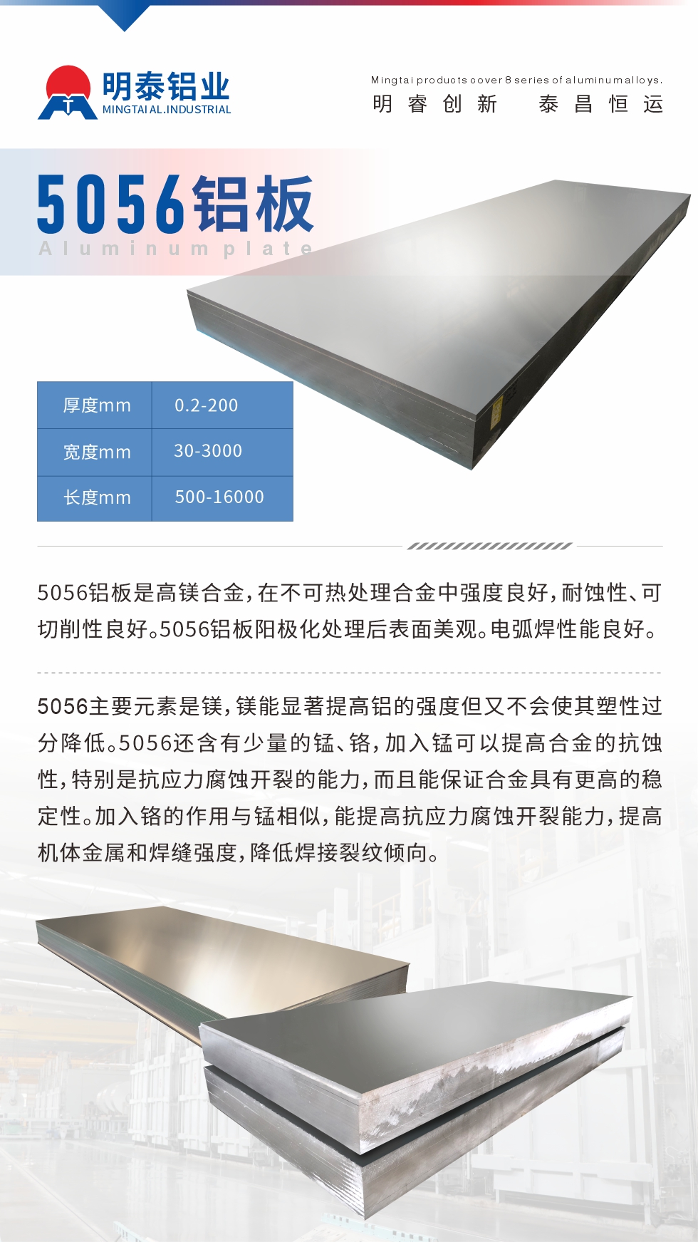 5056鋁板介紹
　　5056鋁板是高鎂合金，在不可熱處理合金中強(qiáng)度良好，耐蝕性、可切削性良好。5056鋁板陽(yáng)極化處理后表面美觀。電弧焊性能良好。
　　5056主要元素是鎂，鎂能顯著提高鋁的強(qiáng)度但又不會(huì)使其塑性過(guò)分降低。5056還含有少量的錳、鉻，加入錳可以提高合金的抗蝕性，特別是抗應(yīng)力腐蝕開(kāi)裂的能力，而且能保證合金具有更高的穩(wěn)定性。加入鉻的作用與錳相似，能提高抗應(yīng)力腐蝕開(kāi)裂能力，提高機(jī)體金屬和焊縫強(qiáng)度，降低焊接裂紋傾向。