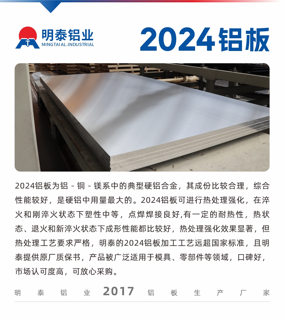 2024鋁板為鋁－銅－鎂系中的典型硬鋁合金，其成份比較合理，綜合性能較好，是硬鋁中用量最大的。2024鋁板可進行熱處理強化，在淬火和剛淬火狀態(tài)下塑性中等，點焊焊接良好,有一定的耐熱性，熱狀態(tài)、退火和新淬火狀態(tài)下成形性能都比較好，熱處理強化效果顯著，但熱處理工藝要求嚴格，明泰的2024鋁板加工工藝遠超國家標(biāo)準(zhǔn)，且明泰提供原廠質(zhì)保書，產(chǎn)品被廣泛適用于模具、零部件等領(lǐng)域，口碑好，市場認可度高，可放心采購。
