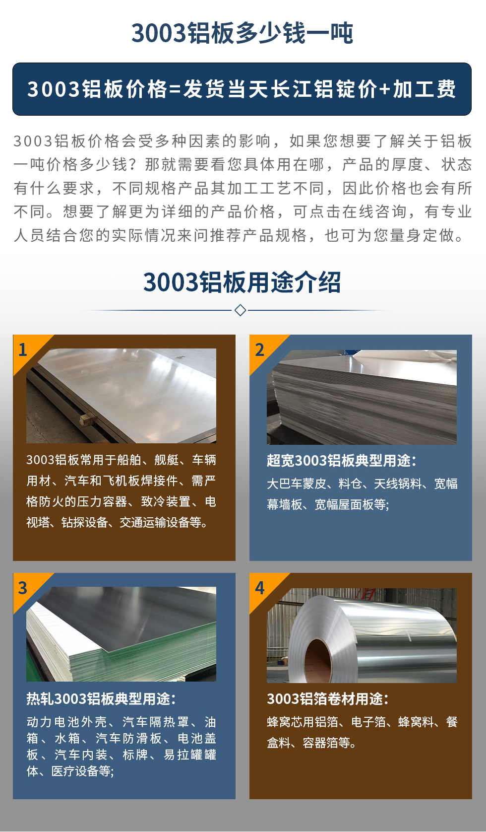 3003鋁板用途介紹
　　3003鋁板常用于船舶、艦艇、車(chē)輛用材、汽車(chē)和飛機(jī)板焊接件、需嚴(yán)格防火的壓力容器、致冷裝置、電視塔、鉆探設(shè)備、交通運(yùn)輸設(shè)備等。超寬3003鋁板典型用途：大巴車(chē)蒙皮、料倉(cāng)、天線(xiàn)鍋料、寬幅幕墻板、寬幅屋面板等;熱軋3003鋁板典型用途：動(dòng)力電池外殼、汽車(chē)隔熱罩、油箱、水箱、汽車(chē)防滑板、電池蓋板、汽車(chē)內(nèi)裝、標(biāo)牌、易拉罐罐體、醫(yī)療設(shè)備等;3003鋁箔卷材用途： 蜂窩芯用鋁箔、電子箔、蜂窩料、餐盒料、容器箔等。