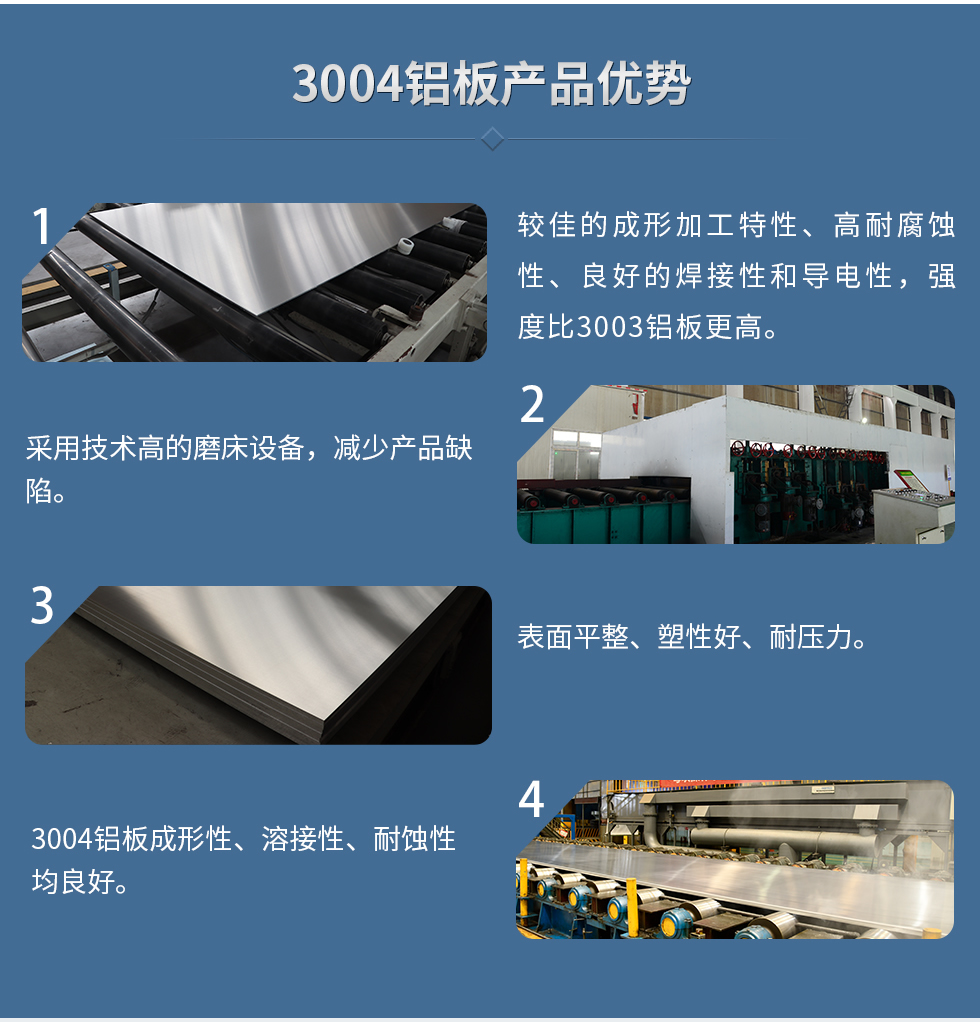 3004鋁板產(chǎn)品優(yōu)勢
　　1、較佳的成形加工特性、高耐腐蝕性、良好的焊接性和導(dǎo)電性，強(qiáng)度比3003鋁板更高。
　　2、采用技術(shù)高的磨床設(shè)備，減少產(chǎn)品缺陷。
　　3、表面平整、塑性好、耐壓力。
　　明泰3004鋁板優(yōu)勢
　　1、3004鋁板成形性、溶接性、耐蝕性均良好。
　　2、好的成形加工特性、高耐腐蝕性、良好的焊接性和導(dǎo)電性，強(qiáng)度比3003鋁板更高。
　　3、3004鋁板表面平整、塑性好、耐壓力;
　　4、采用國際先進(jìn)的磨床設(shè)備，減少產(chǎn)品缺陷。